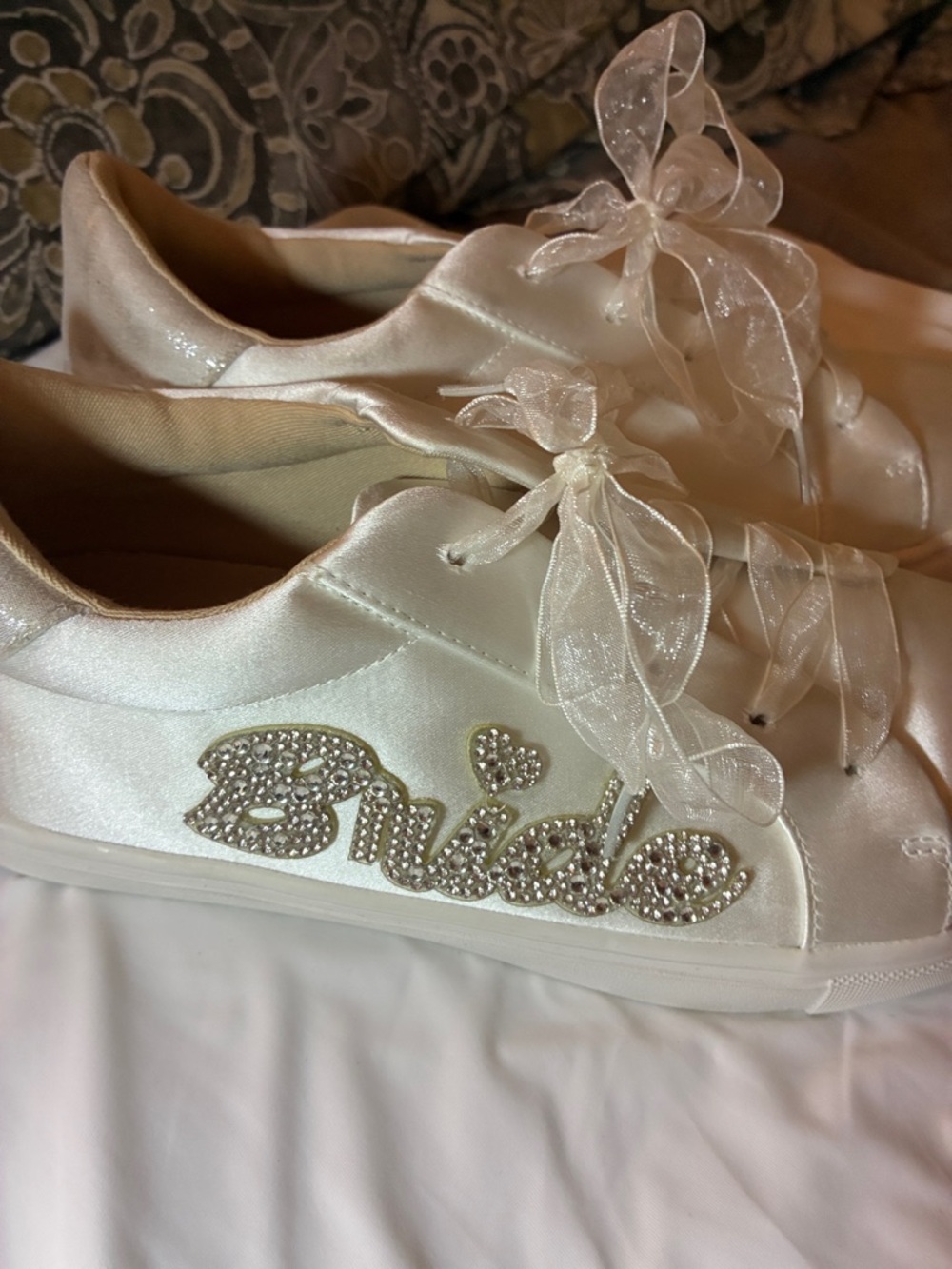 White Satin Embellished Women's Sneakers with Crystal Script Logo